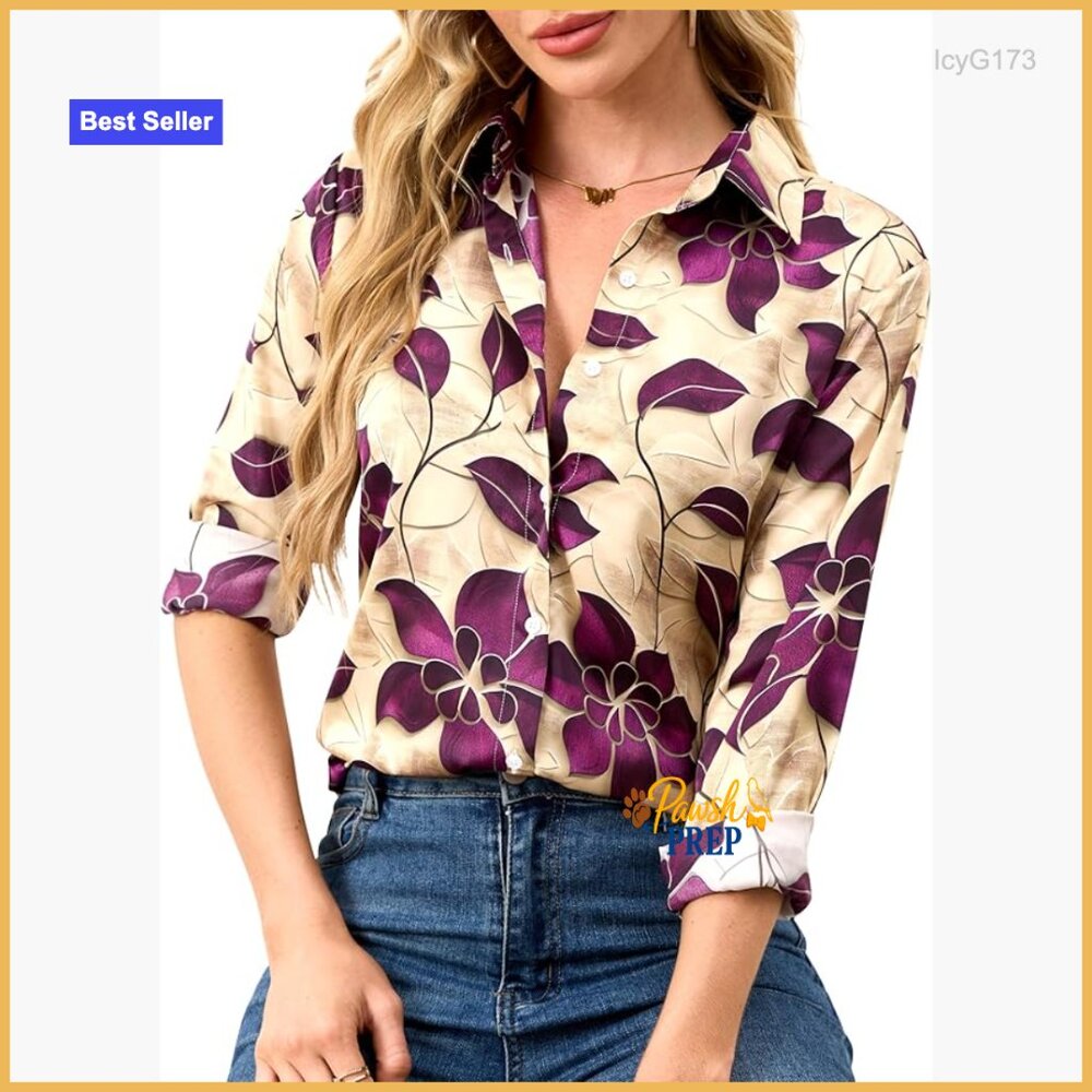 Wrinkle-Resistant Silky Button Down Blouse, Long … - image 1